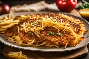 une assiette de français frites et Patate Crêpes avec fromage. généré par ai photo