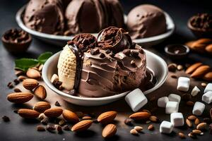 Chocolat la glace crème avec amandes et guimauves. généré par ai photo