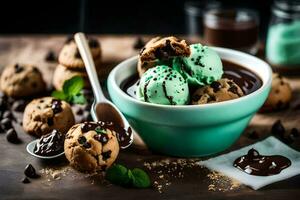 Chocolat puce biscuit pâte la glace crème dans une bol avec menthe feuilles. généré par ai photo