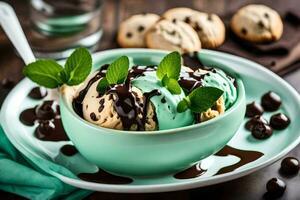 la glace crème avec Chocolat sauce et menthe feuilles dans une bol. généré par ai photo