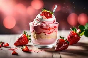 une fraise Milk-shake avec fouetté crème et des fraises. généré par ai photo