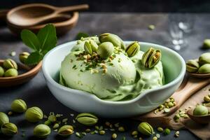 pistache la glace crème dans une bol avec pistache des noisettes et une cuillère. généré par ai photo