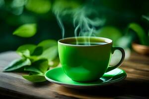 vert thé dans une tasse sur une en bois tableau. généré par ai photo