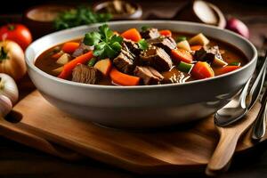 une bol de du boeuf Ragoût avec des légumes et herbes. généré par ai photo