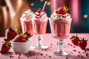 Trois fraise milkshakes avec fouetté crème et des fraises. généré par ai photo