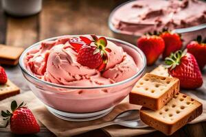 une bol de fraise la glace crème avec craquelins. généré par ai photo