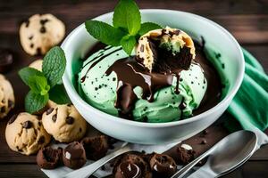 Chocolat puce biscuit pâte la glace crème avec menthe feuilles. généré par ai photo