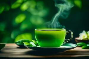 vert thé dans une tasse sur une en bois tableau. généré par ai photo