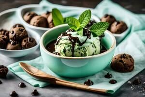 Chocolat la glace crème avec menthe et Chocolat frites sur une bleu Contexte. généré par ai photo