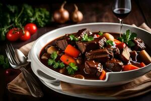 une bol de du boeuf Ragoût avec carottes et des légumes. généré par ai photo