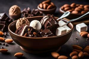 Chocolat et des noisettes dans une bol. généré par ai photo