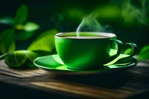 une tasse de thé sur une en bois table avec vert feuilles. généré par ai photo