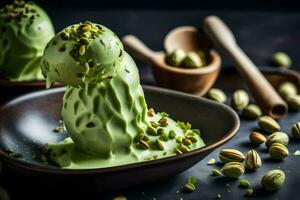 pistache la glace crème dans une bol avec pistaches. généré par ai photo