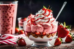 une dessert avec des fraises et fouetté crème. généré par ai photo