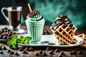 Chocolat gaufre avec menthe et Chocolat la glace crème. généré par ai photo