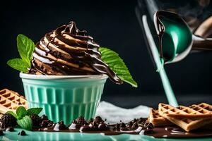 Chocolat la glace crème avec menthe feuilles et gaufres. généré par ai photo