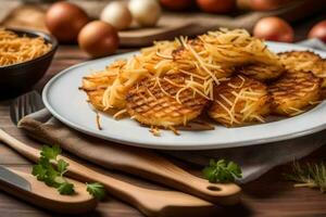 une assiette de patates avec fromage et persil. généré par ai photo