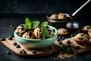 Chocolat puce biscuits dans une bol avec menthe feuilles. généré par ai photo