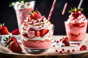 fraise Milk-shake avec fouetté crème et des fraises. généré par ai photo