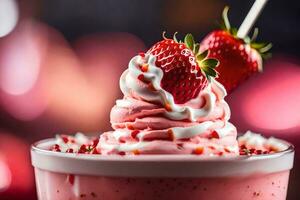 une fraise Milk-shake avec fouetté crème et des fraises. généré par ai photo