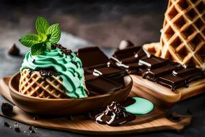 Chocolat la glace crème avec menthe et gaufres sur une en bois plaque. généré par ai photo