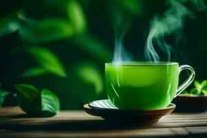 une tasse de vert thé sur une en bois tableau. généré par ai photo