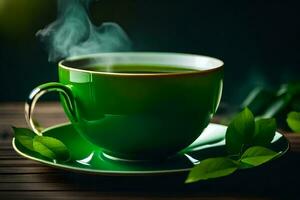 une tasse de vert thé avec feuilles sur le tableau. généré par ai photo