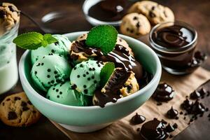 Chocolat la glace crème avec menthe et biscuits. généré par ai photo