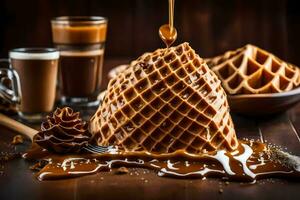 le gaufre est étant bruine avec caramel. généré par ai photo