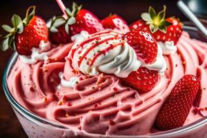 une fraise Milk-shake avec fouetté crème et des fraises. généré par ai photo