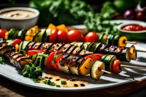 grillé des légumes sur brochettes avec plonger. généré par ai photo