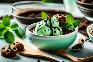 Chocolat puce biscuit pâte la glace crème avec menthe feuilles. généré par ai photo