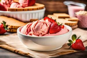 une bol de fraise la glace crème avec des fraises et biscuits. généré par ai photo