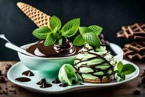 Chocolat la glace crème avec menthe et Chocolat sauce sur une plaque. généré par ai photo