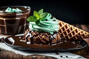 Chocolat la glace crème avec menthe et gaufres sur une noir plaque. généré par ai photo