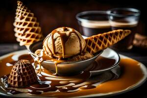 une gaufre cône avec la glace crème et caramel sauce. généré par ai photo