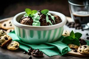 Chocolat puce biscuit la glace crème dans une bol avec menthe feuilles et biscuits. généré par ai photo