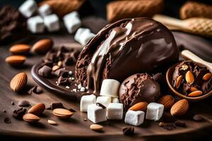 Chocolat couvert guimauves et amandes sur une en bois planche. généré par ai photo