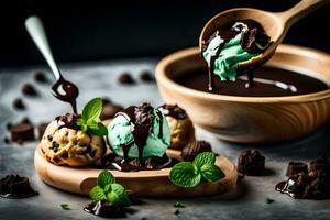 Chocolat la glace crème avec menthe et Chocolat puces. généré par ai photo