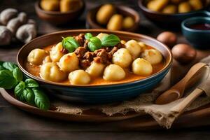 Dumplings avec Viande et sauce dans une bol. généré par ai photo