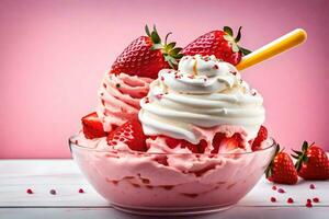 une bol de la glace crème avec des fraises et fouetté crème. généré par ai photo