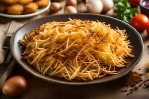 une assiette de frit patates avec des œufs et autre ingrédients. généré par ai photo