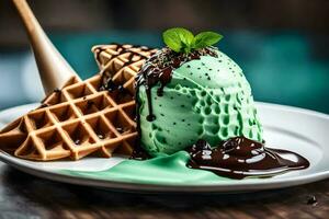 la glace crème avec Chocolat sauce et gaufres sur une plaque. généré par ai photo