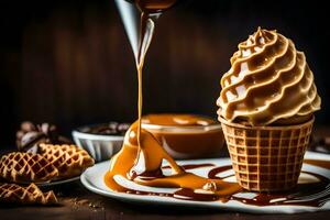 une gaufre cône avec caramel sauce et café haricots. généré par ai photo