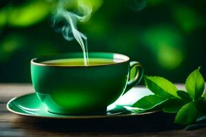 une tasse de vert thé avec une feuille sur le tableau. généré par ai photo