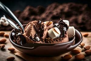 Chocolat la glace crème avec guimauves et amandes dans une bol. généré par ai photo