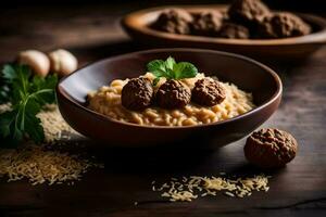 riz des balles avec Boulettes de viande dans une bol. généré par ai photo