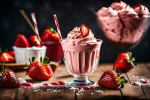 une fraise Milk-shake avec fouetté crème et des fraises. généré par ai photo