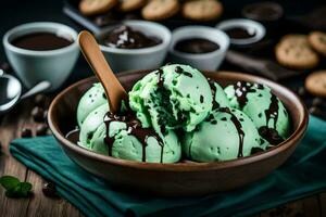 vert menthe la glace crème dans une bol avec Chocolat sauce et biscuits. généré par ai photo