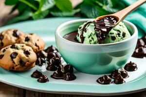 Chocolat puce biscuit la glace crème avec menthe sauce. généré par ai photo